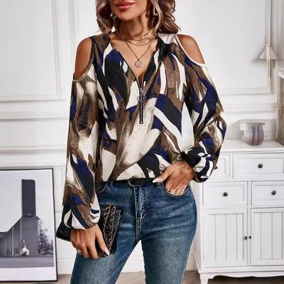 Элегантные женские футболки с длинным рукавом, V-образным вырезом и молнией