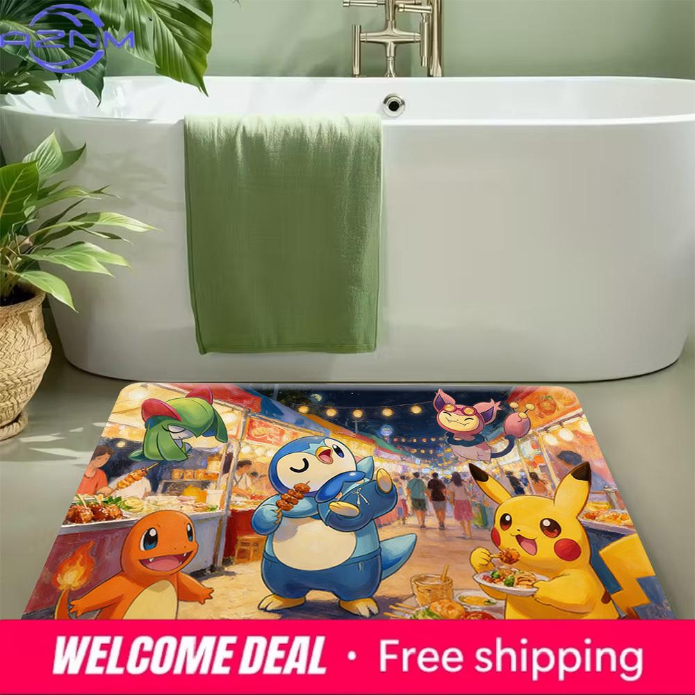 Pokemon Night Market Adventure Print Non-slip Doormat, Soft Absorbent Floor Rug for Home Decor