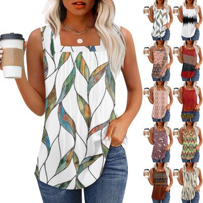 Майка для женщин Летние наряды Без рукавов Блузки с принтом Повседневные свободные рубашки Плиссированные квадратные вырезы