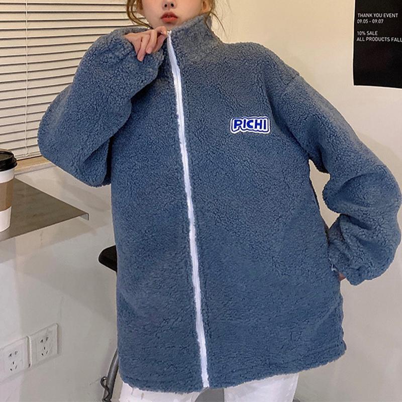 Флисовая куртка на молнии из ягненка, свободный воротник-стойка, женский свитшот больших размеров