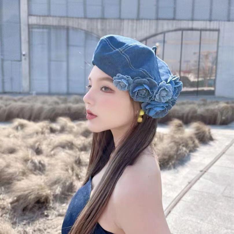 Spring And Summer Contrasting Colors Denim Camellia Trendy Fluffy Painter Hat Casual Fashionable Beret