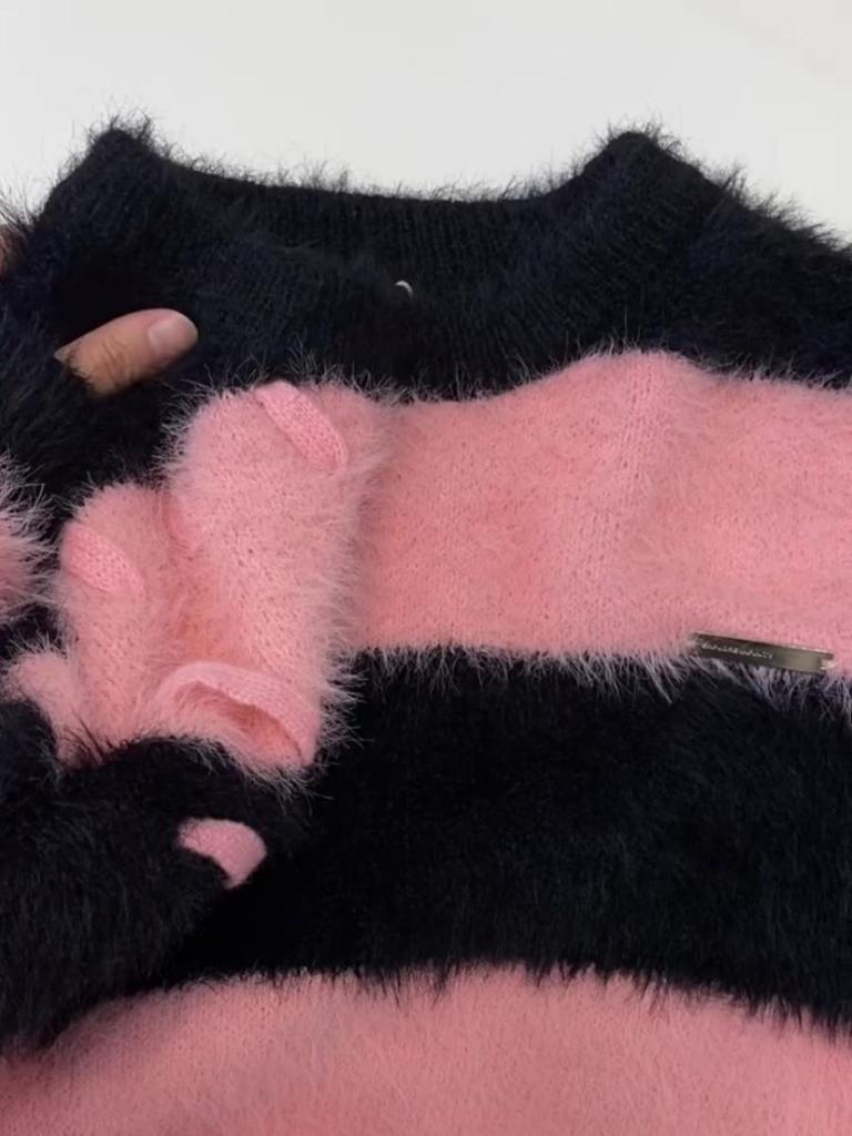 Мужской свитер в корейском стиле, полосатый, из норкового бархата - Осень/Зима, пушистый, свободного кроя