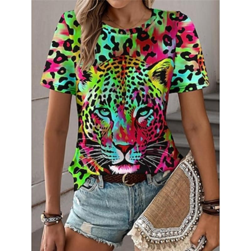 Женская футболка с леопардовым принтом, модная, с коротким рукавом, круглым вырезом, обычные топы, повседневные, выходные, с принтом, синего, фиолетового, фуксии, зеленого, серого цвета, лето