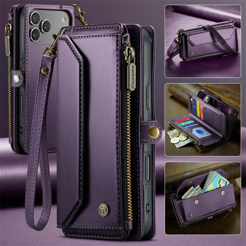 Long Lanyard Flip Leather Phone Case for iPhone 17 Pro Max Air 16E 16 Plus 15 14 13 12 11 X XS XR SE 2022 8 Zipper Wallet Multi Card Slot Holder Cover