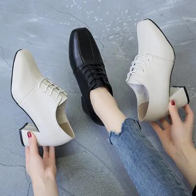 Мода Кожа мягкая кожа высокие каблуки женские туфли лодочки британский стиль ретро глубокий вырез квадратный носок шнуровка 2024