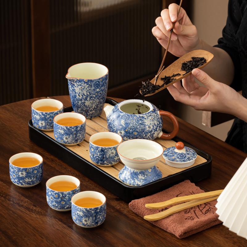 Flowering Huang Ru Kung Fu Tea Set, Household Ceramic Opening Film Can Raise a Whole Set of Tea Trays, Light Luxury Brewing Teapot As a Gift
