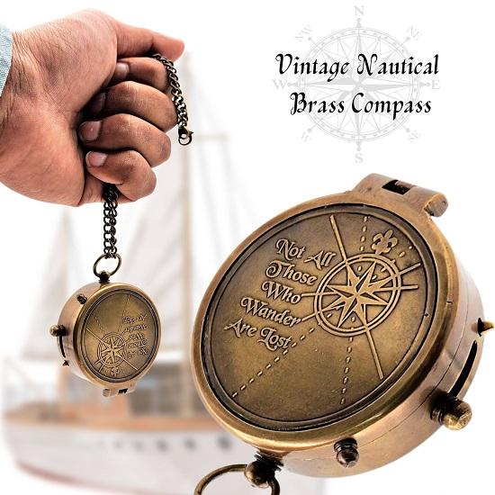 Морской компас Не все те, кто бродит, заблудились Выгравированный цельный латунный навигационный винтажный морской компас с деревянной коробкой
