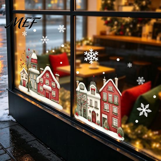 Static Glass Stickers Christmas Window Clings, Snowy Town House Snowflake Decals, Reusable Festive Winter Decals Xmas Stickers, Holiday Decor for Home