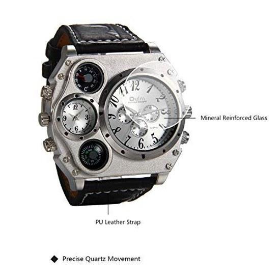 JewelryWe Fashion Mens Multifunctional Watch Numeric Dial Analog Display Leather Band Sports Compass Thermometer Function Silver Black