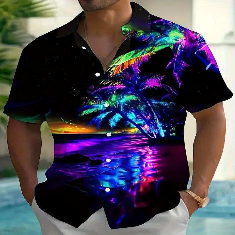 Men's Vibrant Tropical Sunset Pattern 3D Digital Print Button Hawaiian Short Sleeved Shirt Suitable for Casual Beach Wear