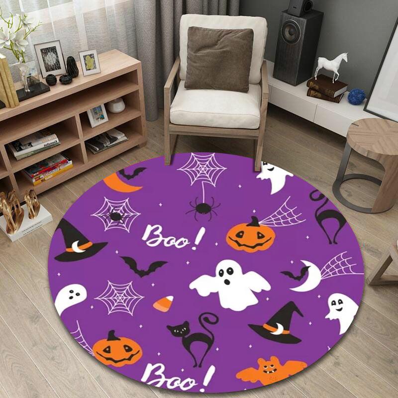 Round Rug Halloween Ghost Black Cat Witch Hat Purple Pattern Party Room Decor