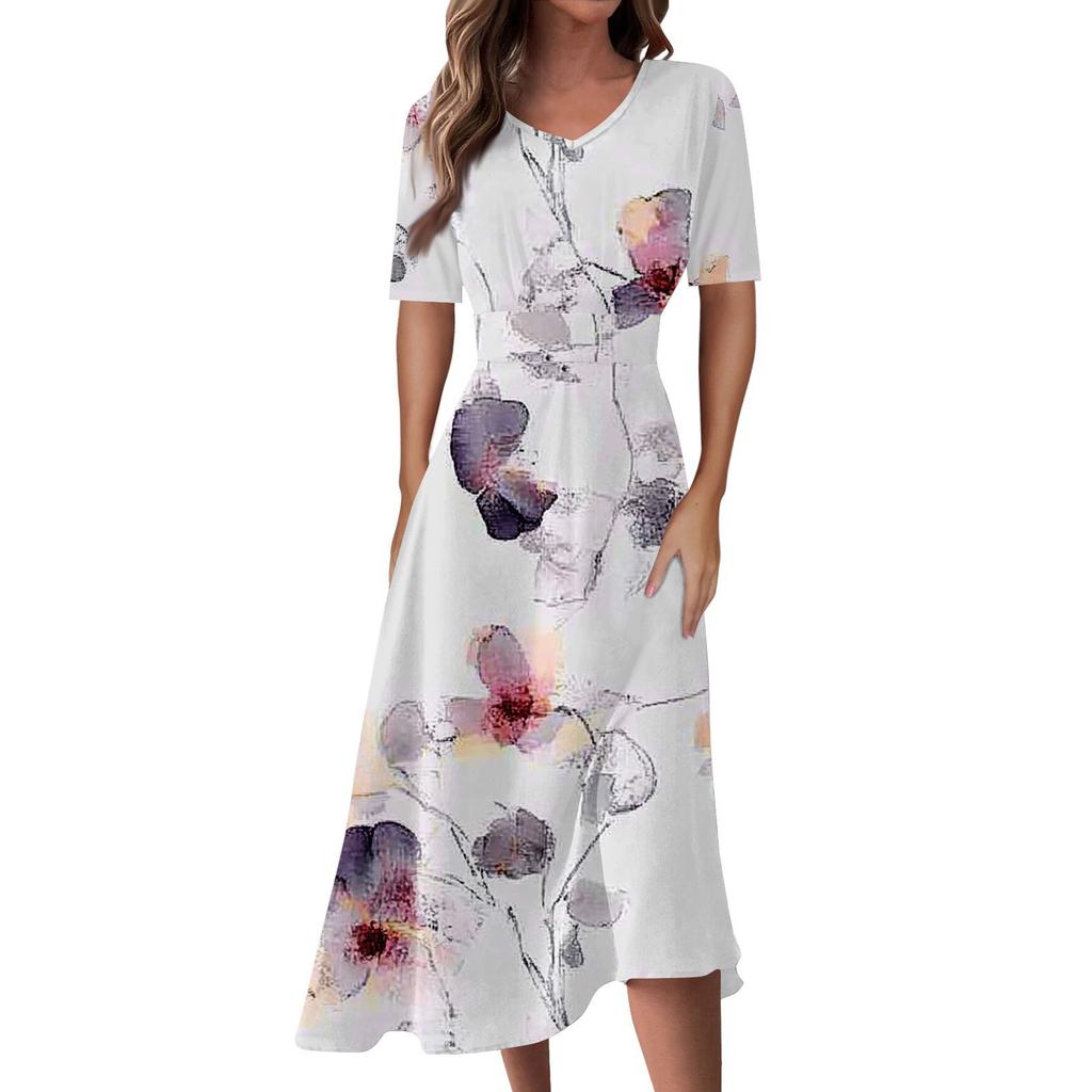 Женская повседневная мода Цветочный (лист)  Платье-халат с принтом, V-образным вырезом, короткими рукавами и длинной юбкой-халат