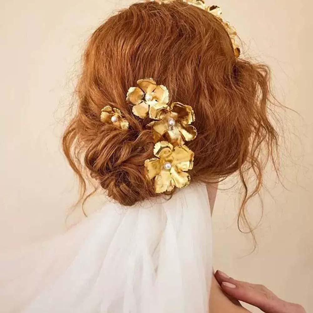 5pcs Hairstyle Tools Golden Flower Hair Forks Retro Wave Zinc Zinc Alloy Barrettes Pearl Side Clips Daily