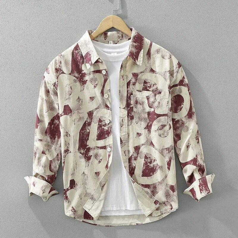 Весенние рубашки с принтом для мужчин, уличная одежда для мальчиков, свободные повседневные топы с длинными рукавами, лацканы, 100% хлопок, мужская одежда