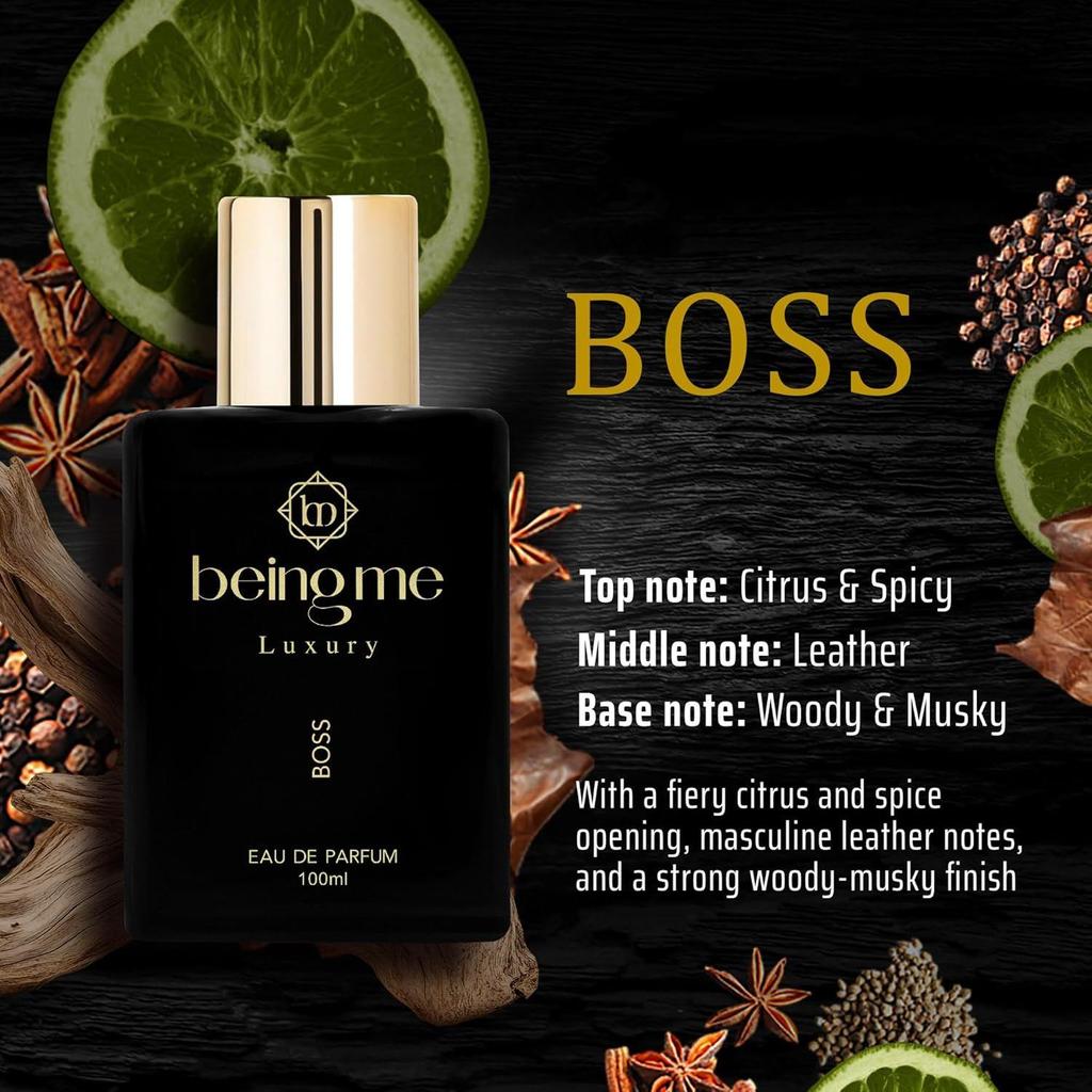 Being Me Luxury BOSS Long Lasting Perfume for Men | Bold Citrus & Spicy Top, Leather Heart, Woody & Musky Base |  Office, Date & Party Fragrance Scent