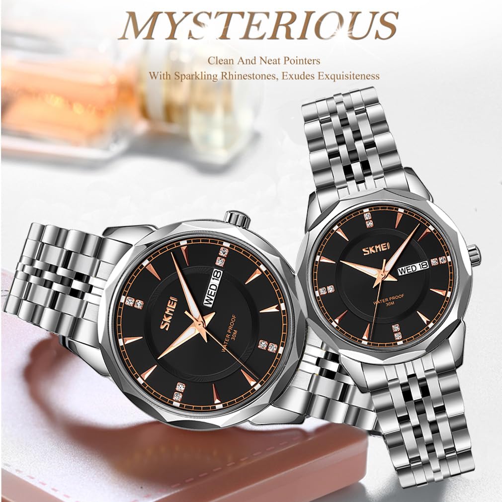SKMEI Pair Couple Watches Pair Watches Couple Popular Pair Watch Set Classic Silver Stainless Steel Band Waterproof Business Luxury Brand Present