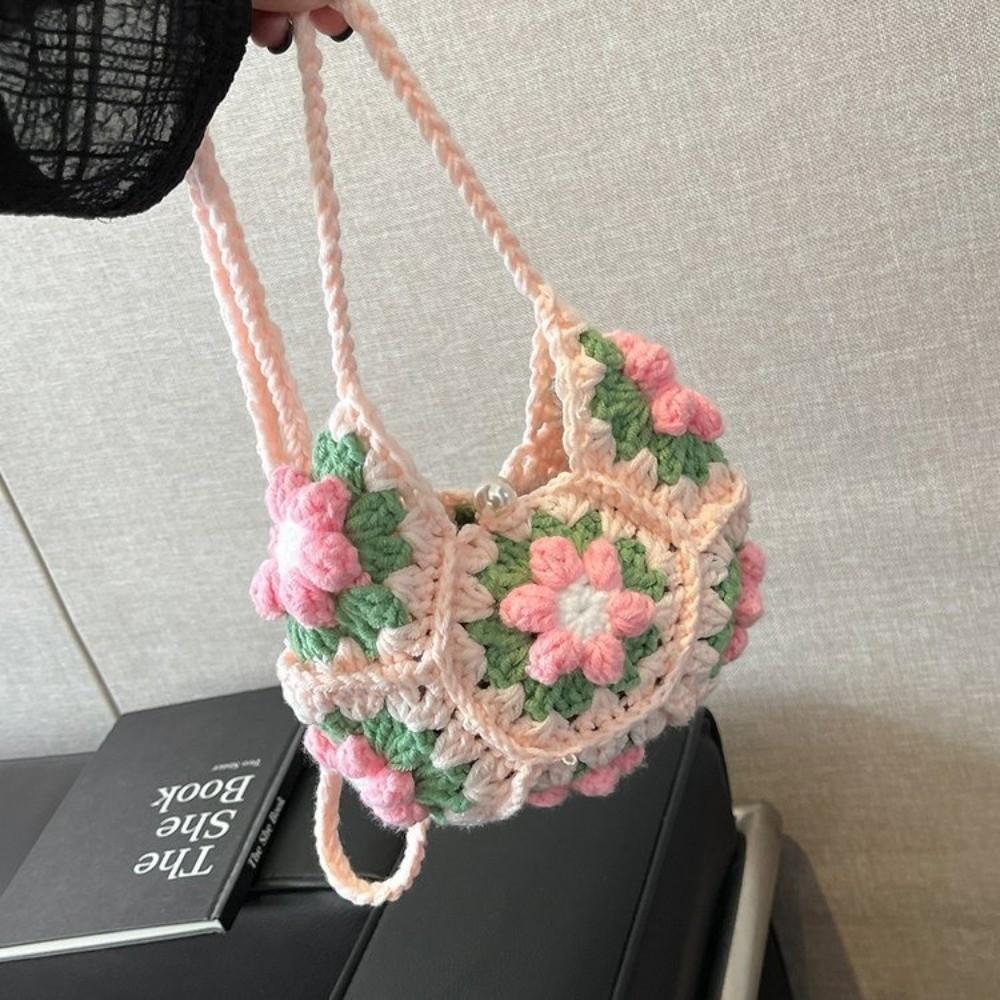 Sweet Handmade Crochet Crossbody Bag Flower Pattern Fabric Yarn Small Change Purse Knitted Shoulder Bag