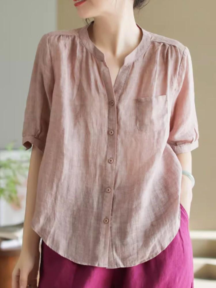 Johnature Women Vintage Solid Color Shirts V-Neck Short Sleeve Tops Patchwork Pockets Summer Casual Blouses