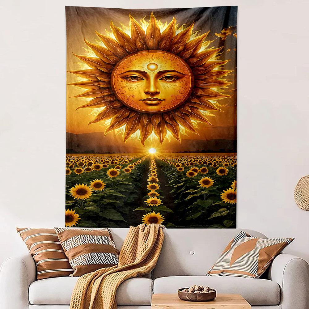 Mystical Golden Sun Face Sunflower Field Sunset Bohemian Wall Tapestry Nature Decor for Bedroom Living Room Dorm Gift