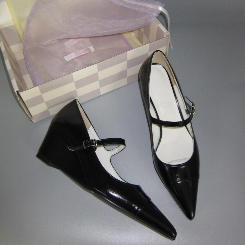 Fashion Strap Single Shoe Women's Leather Pointed Toe Wedge Heel Thick Heel Mary Jane Pumps for Womens 2025 Spring and Summer High Heels