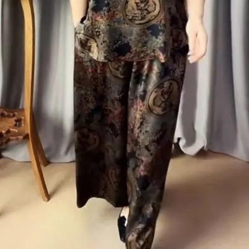 Летний костюм для мамы среднего и пожилого возраста, модный свободный комплект из двух предметов с принтом в стиле ретро, стройнящий