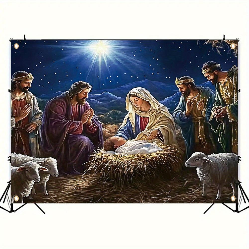 1 piece "Merry Christmas" decorative banner polyester pendant Jesus manger birth scene pattern party home decoration