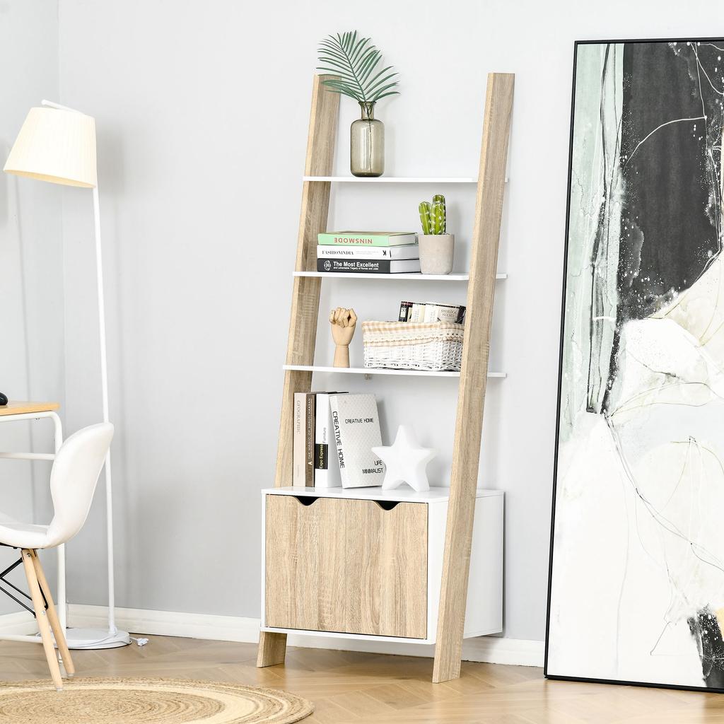 Wooden Ladder Shaped Bookshelf With 3 Shelves And 1 Storage Cabinet 60x40x171 Cm Oak And White