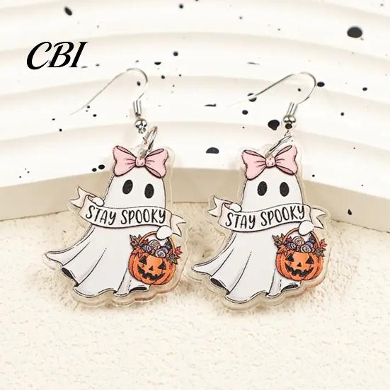 Goth Aesthetic Fashion Earrings 1 Pair Acrylic Ghost for Women, Halloween Cute Dangle Drop Daily Wear with Pumpkin Bucket And Pink Bow Party