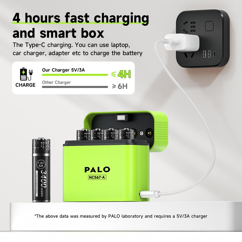 PALO Аккумуляторные литиевые батарейки AA 1,5 В 3400 мВт·ч 1,5 В литий-ионные батарейки AA Интеллектуальный зарядный бокс с дата-кабелем TYPE-C