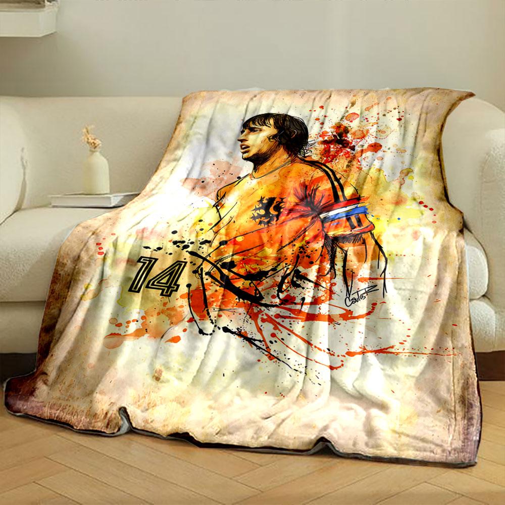 Abstract orange splatter art of a soccer player with number 14. for all seasons blanket lunch break throw gift