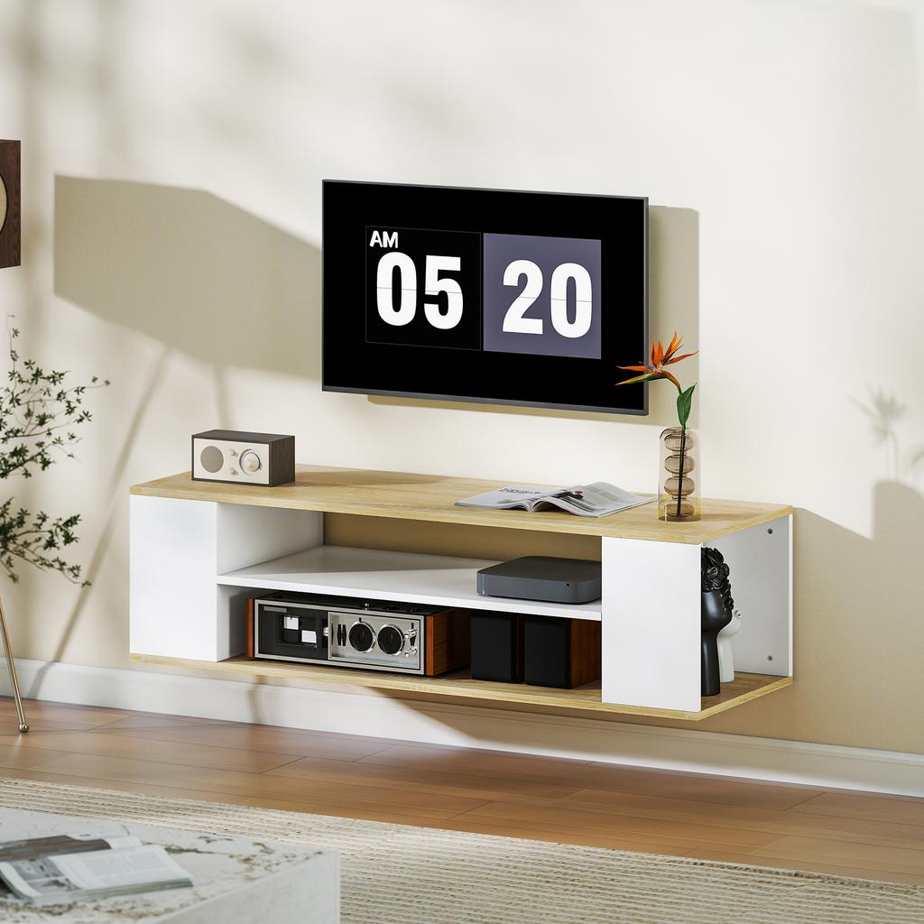 TV Cabinet With Wheels 120 Cm TV Stand For TVs Up To 55 Inches 2 Open Shelves White And Natural