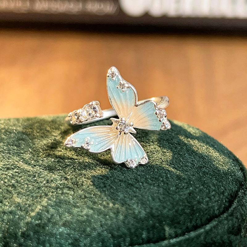 Spring Blue Enamel Butterfly Open Ring Ocean‑Style Flower Bead Fish‑Tail Niche Fresh Adjustable Stack‑Wear Trend Jewelry