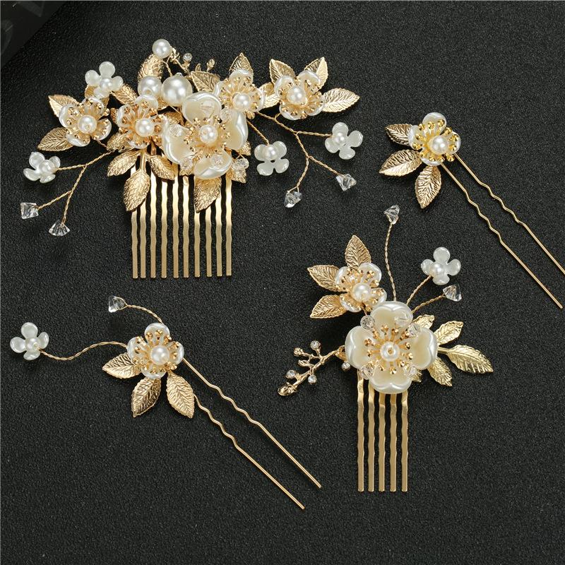 4PCS Gold Flower Leaf Bridal U-shaped Pearl Hair Pins Headpieces Hair Accessories Weddingfor Brides Bridesmaids Women Girls