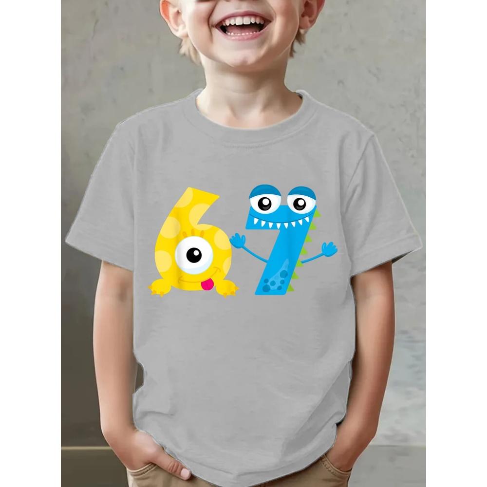 Мальчиковая футболка с графическим 3D-принтом числа 67, удобный топ с коротким рукавом и круглым вырезом, летняя повседневная спортивная детская футболка