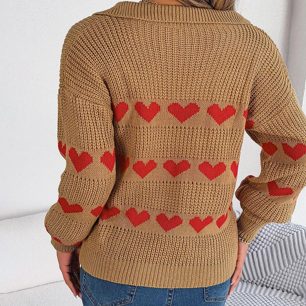 Autumn Winter Vintage Loose Long Sleeve Top Heart Print Cardigan Knitwear V-Neck Sweater