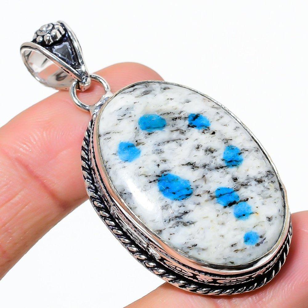 K2 Blue Azurite Gemstone Handmade 925 Sterling Silver Jewelry Pendant 2.25" d1d15