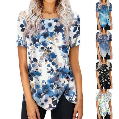 Женская мода повседневная блузка с коротким рукавом и круглым вырезом с принтом на пуговицах сбоку