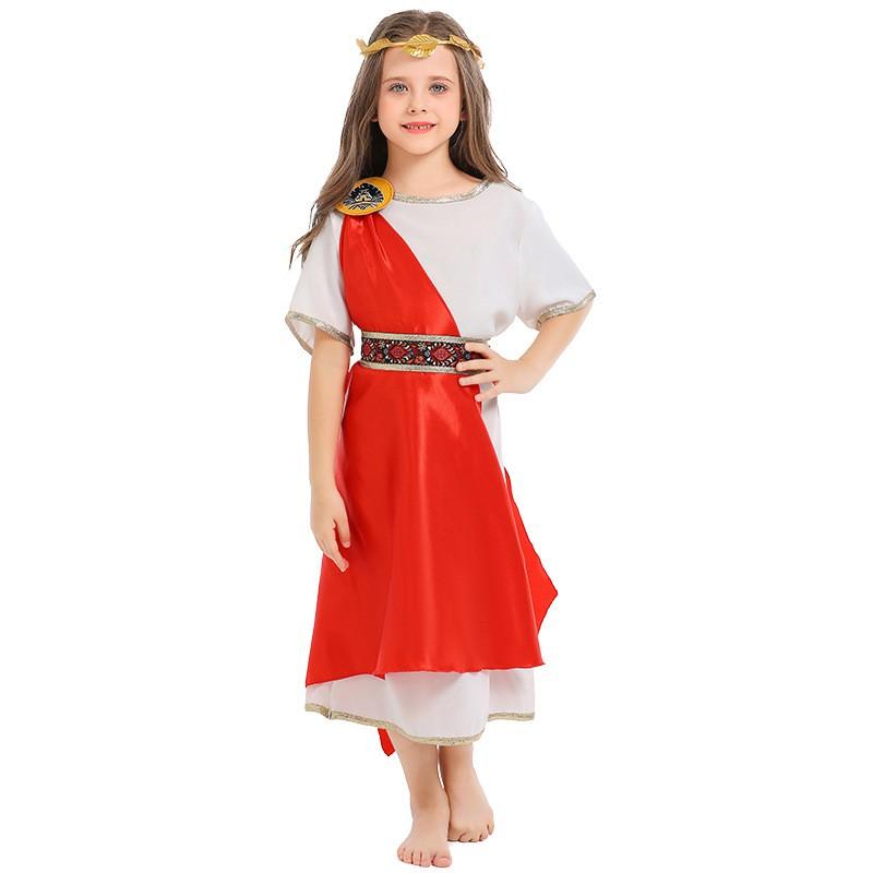 Greek Goddess Costume Kids Roman Style Halloween Party Dress With Laurel Wreath Headband Stage Performance Outfit