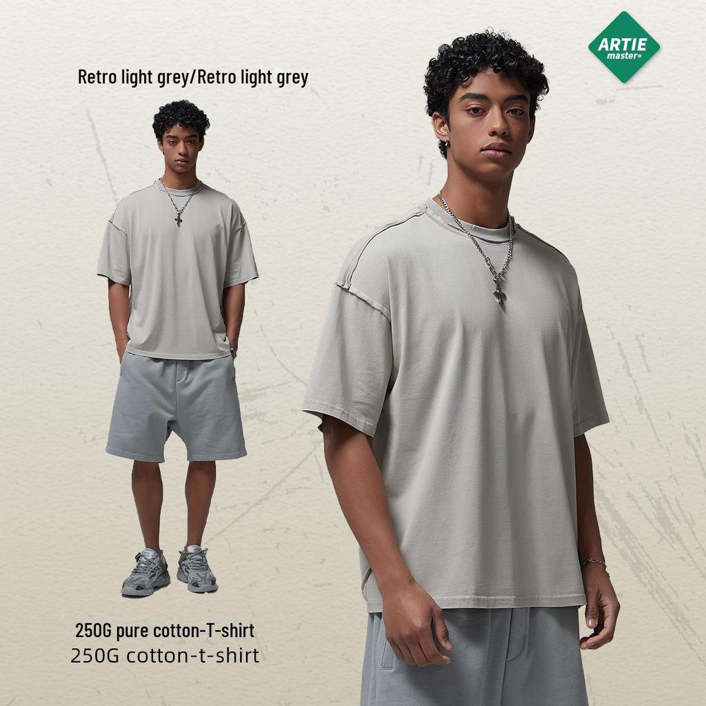 Футболка мужская ARTIE Retro Washed с коротким рукавом 2024 года — свободный крой, модная, 250 г, с оборками для весны/лета