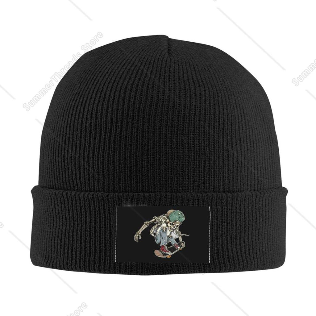 Winter Casual Beanie Hats For Unisex Women Skeleton Playing Skateboard Unisex Adult Cap Warm Daily Knit Hat Skull Caps Black