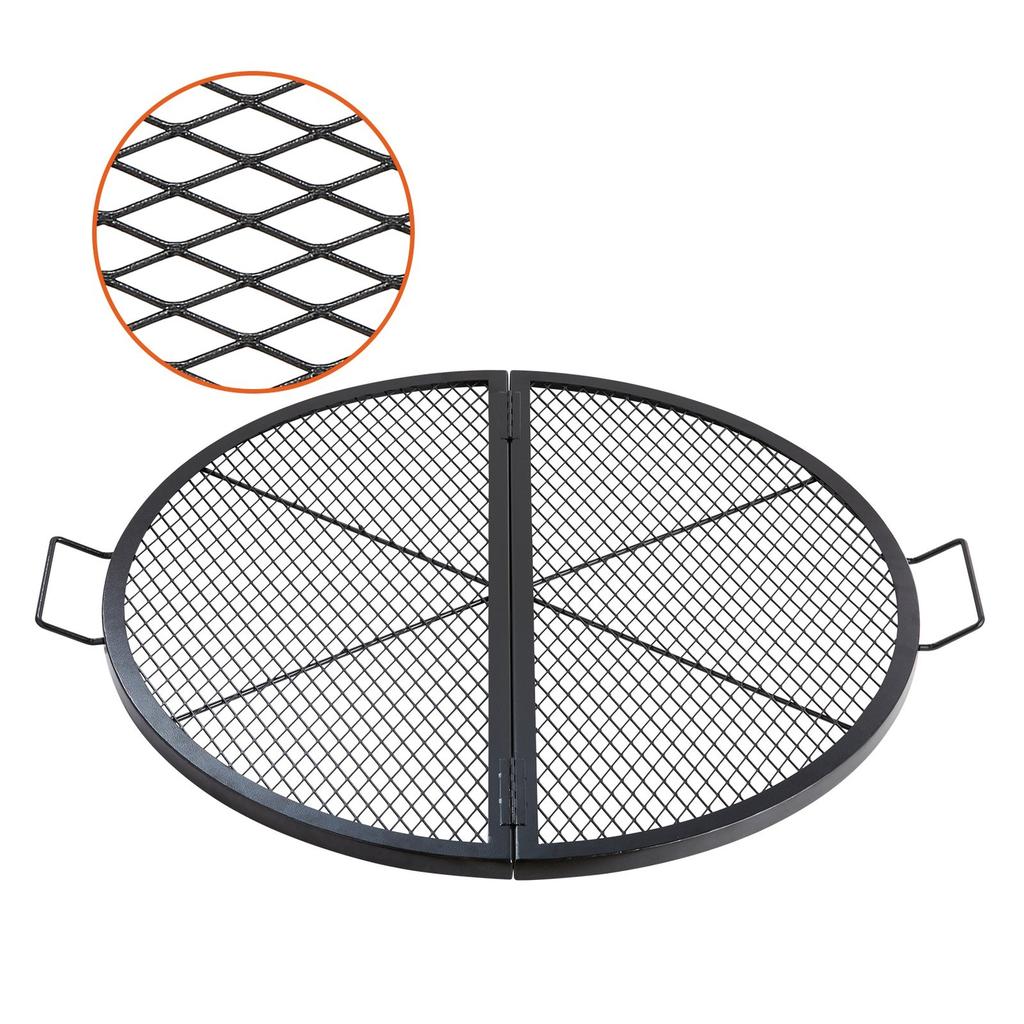 X-Marks Fire Pit Grill Grate, Foldable Round Cooking Grate, Heavy Duty Steel Campfire BBQ Grill Grid with Handle and Support X Wire, Portable Camping