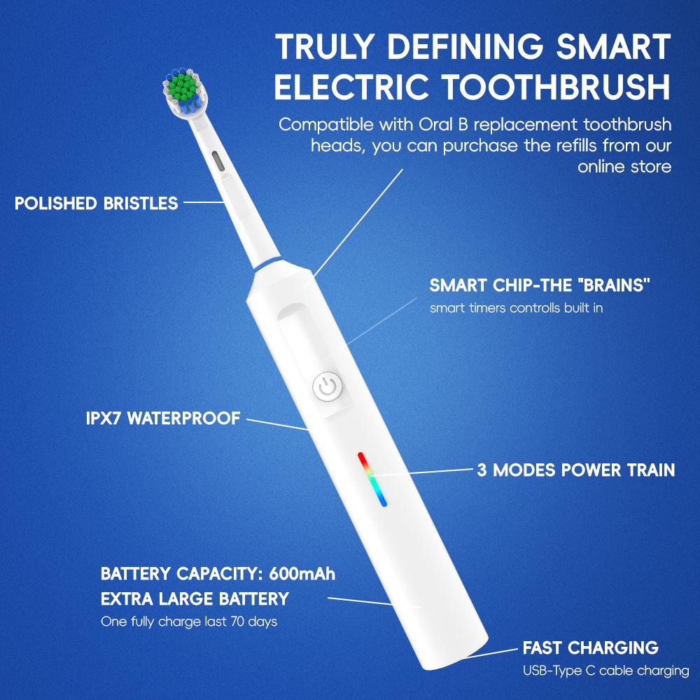 Smart Rotating Electric Toothbrush, Rounded Head Rechargeable Rotation Electric Toothbrushes, Compatible with Oral B Brush Heads