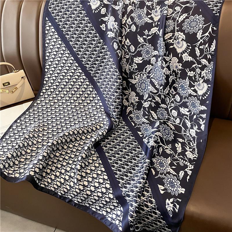 New Simple and Versatile Geometric Fashion Scarf Women's Thin Simulated Silk Shawl Sunscreen Long Large Size Silk