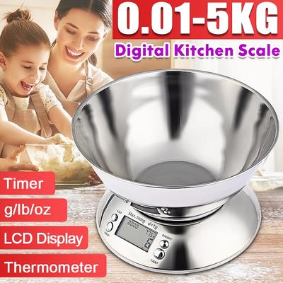 Новые 5 кг/1 г Цифровые кухонные весы с часами, дисплеем температуры, электронные весы, кухонные весы для продуктов, кухонные весы из нержавеющей стали
