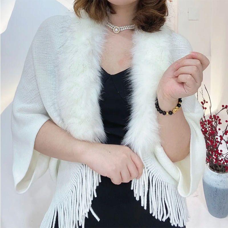 New Fashionable Fur Collar Thickened Warm Shawl Large Size Loose Knitted Cardigan Jacket Female