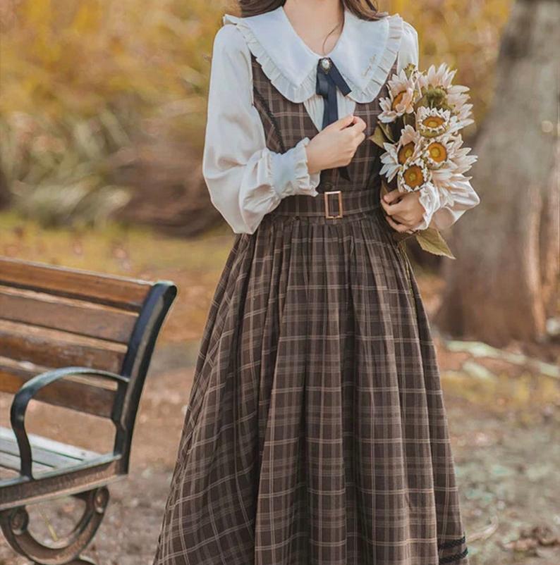 2 Piece Set Dark Academia Dress Double Check Tank Top Skirt and Long Sleeve Shirt Spring Cottagecore Dress French Dress