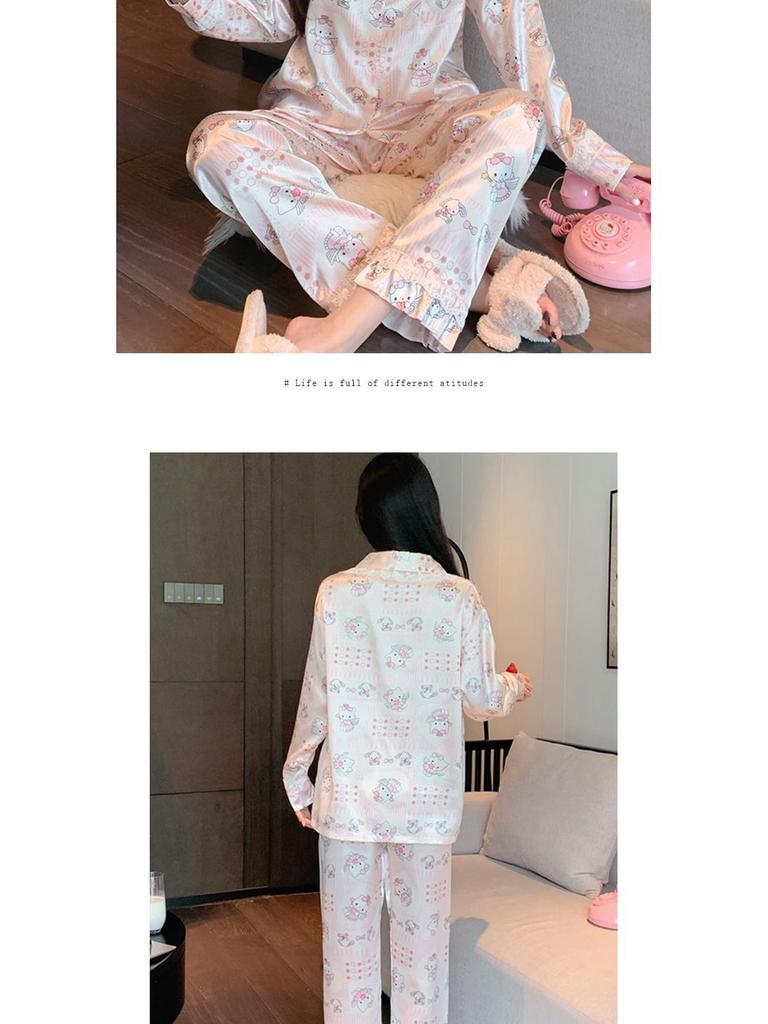 Japanese Sweet Ins Ice Silk Pajamas Set for Women - Light Luxury, Long Sleeve, Long Pants, Suitable for Spring and Autumn/Homewear.