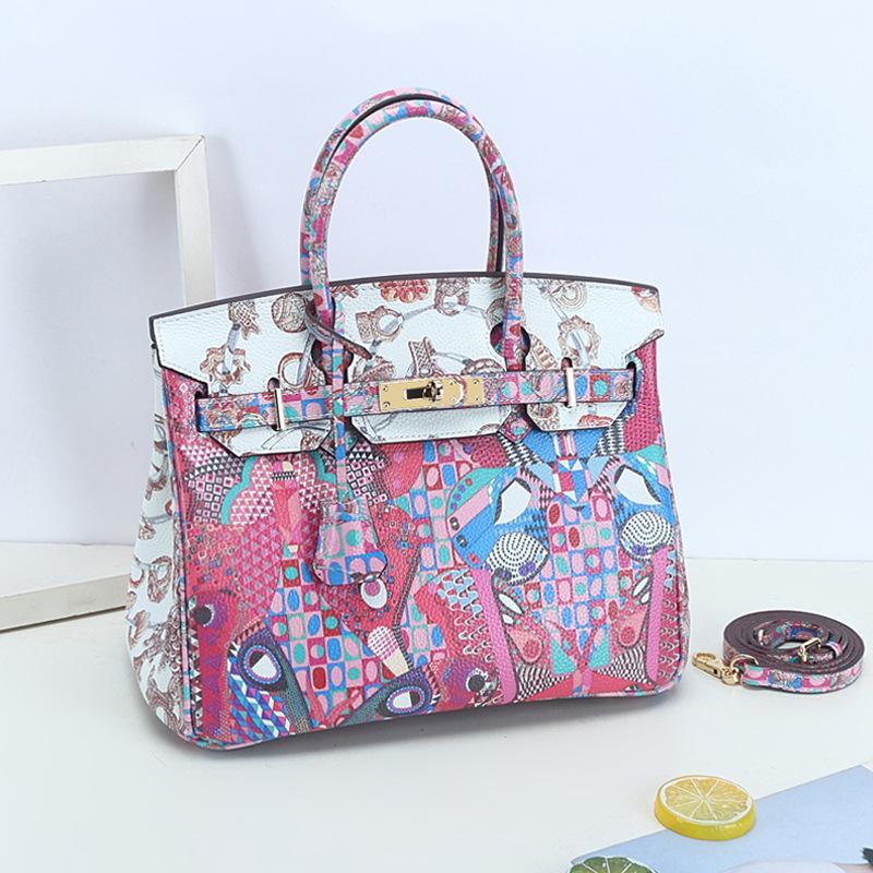 Сумка с граффити-платиной, узор «Личи», из коровьей кожи с цветным принтом, кожаная сумка через плечо, женская сумка