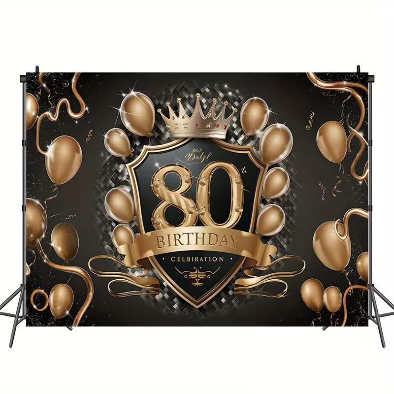 2D 80th Celebration Backdrop, Golden Balloons & Shield Photography Background Banner