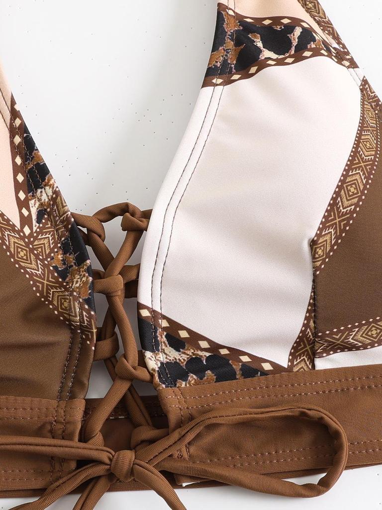 Женский консервативный купальник бикини с цветными блоками и завязками халтер - Купальник из двух частей, Популярный дизайн